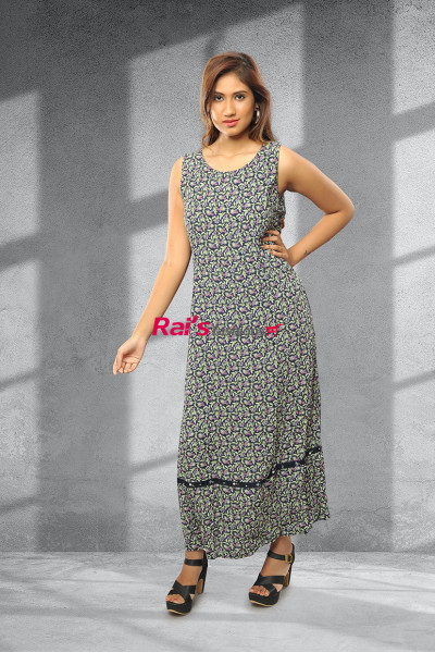 Polyester Round Neck Printed Flared Long Dress (KR400)